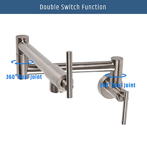 Blovtoo 20'' Pot Filler Faucet, Brushed Nickel Pot Filler Faucet Over Stove, Wall Mount Folding Water Faucet Over Stove, 304 Stainless Steel Double Joint Swing Arm With Single Hole, 2 Handles #TOP6