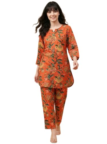 Image of Bee M Pee Designer Trendy Floral Printed Cotton Kurta Coord Sets for Women | Stylish Casual Tunic Kurti Set with Pant for Woman for Office