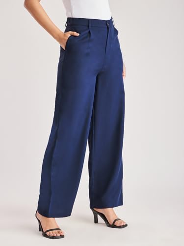 Image of FableStreet Women's Formal Trousers | High-Rise Pleated Wide-Leg Design | Solid Pattern with Plain Weave | Comfortable Office Wear for Business Meetings & Formal Events