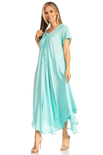 Image of Sakkas Egan Long Embroidered Caftan Dress /Cover Up with Embroidered Cap Sleeves
