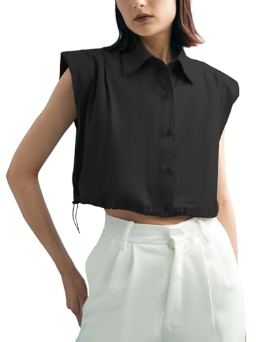 Tankaneo Womens Sleeveless Button Down Shirts Casual Loose V Neck Pad Shoulder Crop Tank Top