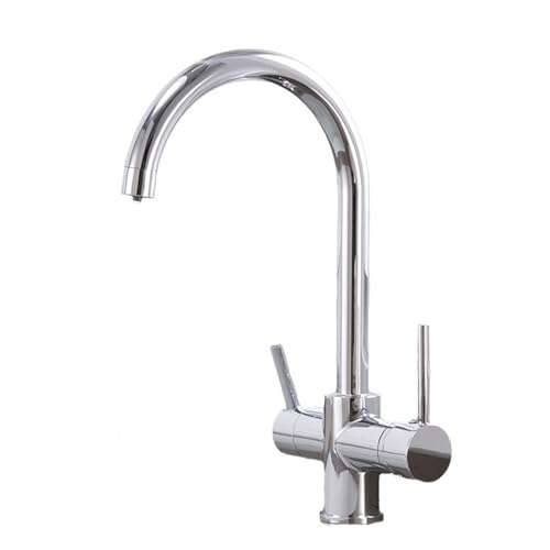 Grifo de Cocina Fregadero de 3 Vias Giratorio Agua Fría y Caliente Agua Purificada Grifo Osmosis 3 Vias Latón 2 Asas-Cromado
