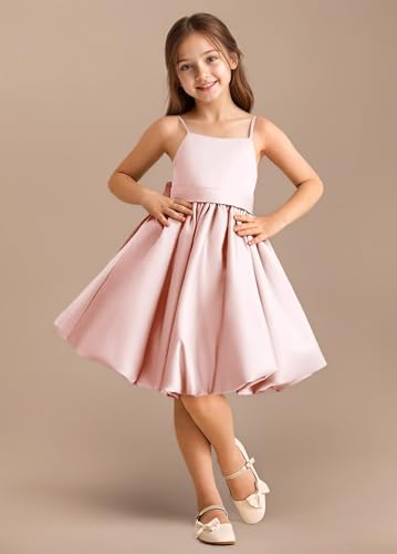 Satin Flower Girl Dress A Line Toddler Communion Princess Pageant Gown with Bow3