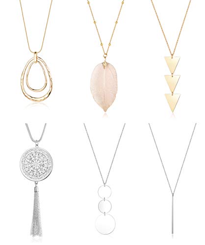 Finrezio 6PCS Long Pendant Necklace Set Tassel Pendant Simple Bar Necklace Strands for Women (Gold tone+Silver tone)