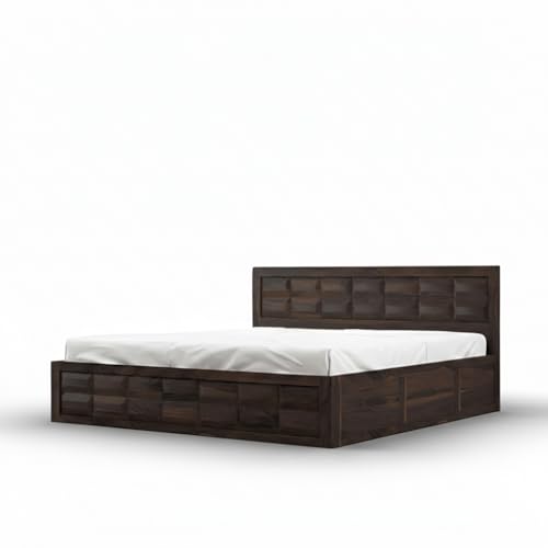 Image of Sheesham Wood Queen Size Bed with Storage Box | Wooden Box Bed Queen Size Double Cot Bed with Storage for Bedroom | Premium Barfi Design Headboard Bed for Living Room | Walnut Finish