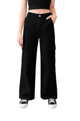 Image of ADBUCKS Stretchable High Rise Cargo Style Wide Leg Jeans for Girls II Girls Jeans