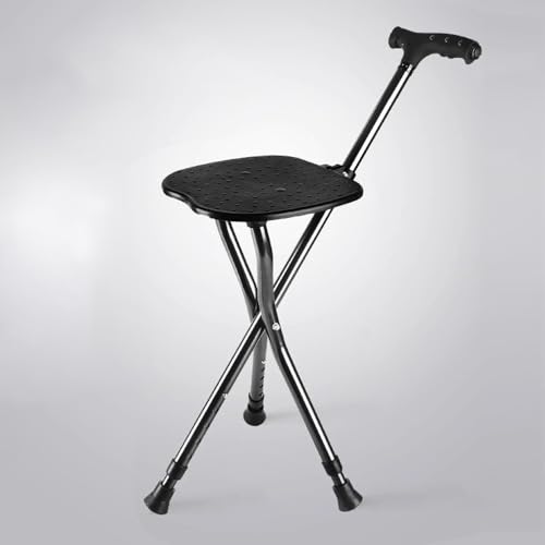 URYWTXY Silla de Bastón Plegable para Mayores, Bastones en Aleación de Aluminio con Silla Plegable, Bastones con Asiento 3 Patas y Linterna LED, para Exteriores, Capacidad de Carga 290 kg