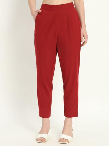 Image of Women's Solid Straight Fit 100% Cotton Trousers | High Waist, Side Pockets, Ankle Length Pants for Office, Casual