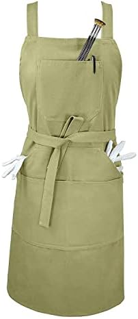 Professional Work Apron, Cross Back + Quick Release Buckle + 6 Pockets + 2 Towel Loops For Artist Kitchen (M-XXL Unisex Adult (Not fit for waist below 32"), Light Army Green)