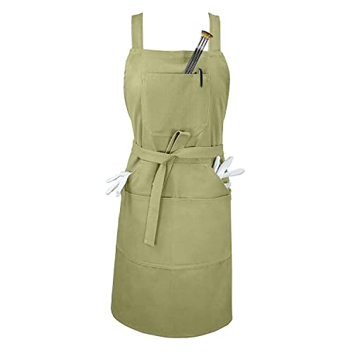 Professional Work Apron, Cross Back + Quick Release Buckle + 6 Pockets + 2 Towel Loops For Artist Kitchen (M-Xxl Unisex Adult (Not Fit For Waist Below 32"), Light Army Green) #TOP3