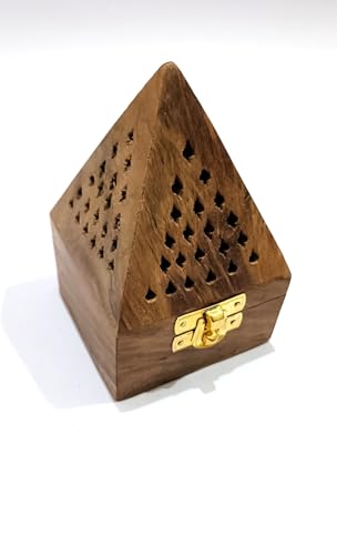 Wooden Cone Incense Box with Lattice Design, Handcrafted Mango Wood, Gold-Tone Clasp, Triangle Shape Holder for Cones and Sticks