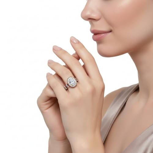Image of Choose Your Gemstone Oval Halo Rollover Diamond CZ Wedding Ring Yellow Gold Plated Oval Shape Wedding Ring Sets Matching Jewelry Wedding Jewelry Easy to Wear Gifts US Size 4 to 12