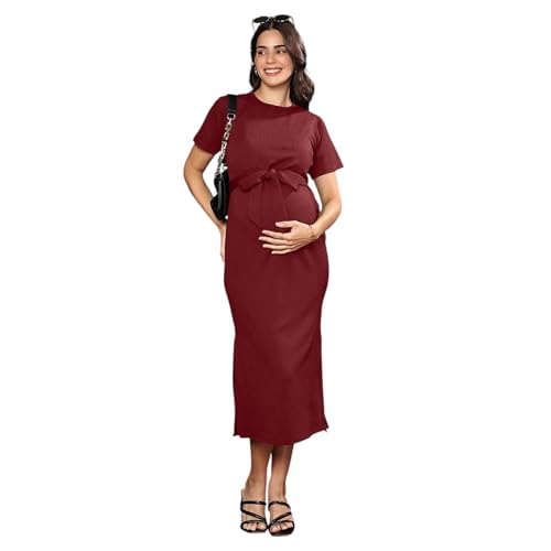 Image of MomToBe Women's Bodycon Calf Length Polyester Maternity Dress for Pre and Post Pregnancy