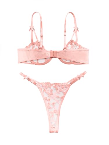 Image of Lilosy Sexy Underwire Cute Push Up Strappy Embroidered Mesh Sheer Lingerie Set See Through Panty Bra