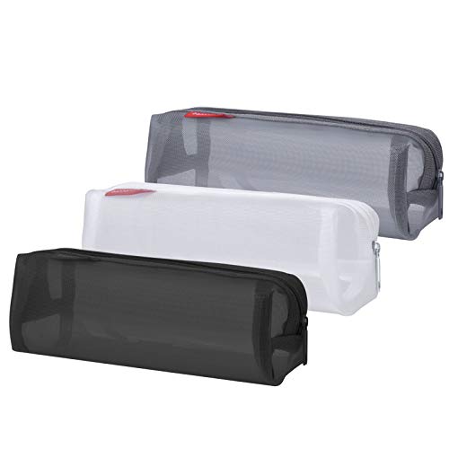 Chstarina 3 Pièces Trousse à Crayons en Filet Étui à Crayons pour Étudiants Trouse Scolaire Transparente en Nylon Sacs en Mailles Trousses de Rangement 20×6×6 cm pour Étudiants (Noir Blanc Gris) Cover