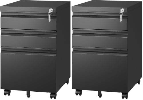 Image of Letaya 3 Drawer Mobile File Cabinet with Lock,Under Desk Metal Filing Cabinets for Home Office Organizer Letters /Legal /A4((Fully Assembled-Black) (Pack of 2)
