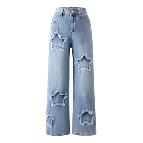 Ripped Denim Jean Bow Jeans for Girls Cute Baggy Pants Wide Leg High Waisted Trousers Teens Y2k Streetwear with Pocket
