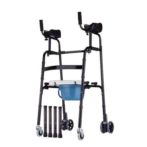 Gehgestell für Senioren,Gehwagen mit Armlehnen, verstellbare Standard-Gehhilfe mit Sitz und Toiletteneimer, Gehbock mit Rollen Klappbar, faltbarer Aluminium-Rehabilitations-Hilfsrahmen mit Leichtmet