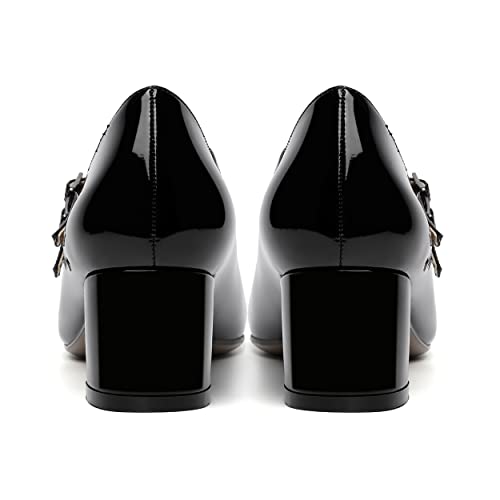 SHOWFOREST Women's Dating Buckle Cute Square Toe Solid Patent Block Low Heel Pumps Shoes 2 Inch4