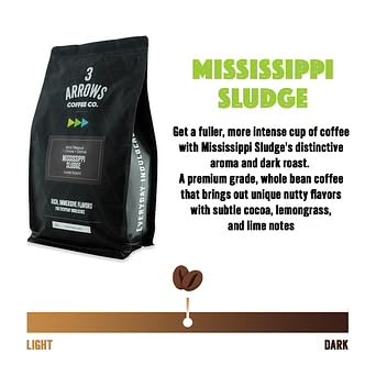 Miniatura 4 de 3 Arrows Coffee Co. Mississippi Sludge - Grano entero tostado oscuro, 12 onzas, con notas de sabor de maní suave, cacao, cítricos, tostado