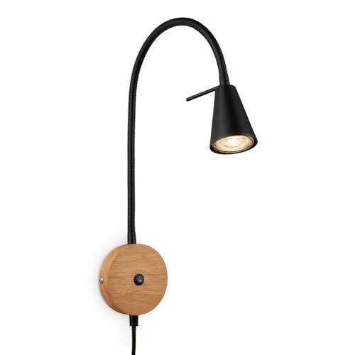 BRILONER – Leselampe, Wandleuchte Innen, LED Lampe, Wandlampe Innen, Schwenkbar, Schalter, Steckdosenlampe, Schwarz-Holz