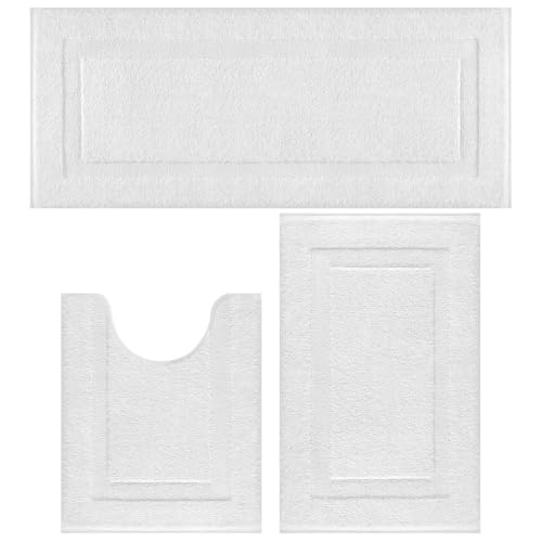 SHACOS White Bathroom Rugs Sets 3 Pieces with Runner and U Shaped Toilet Rugs Soft Plush Non Slip Washable Bath Mat Absorbent Bath Rug Carpet for Bathroom Floor