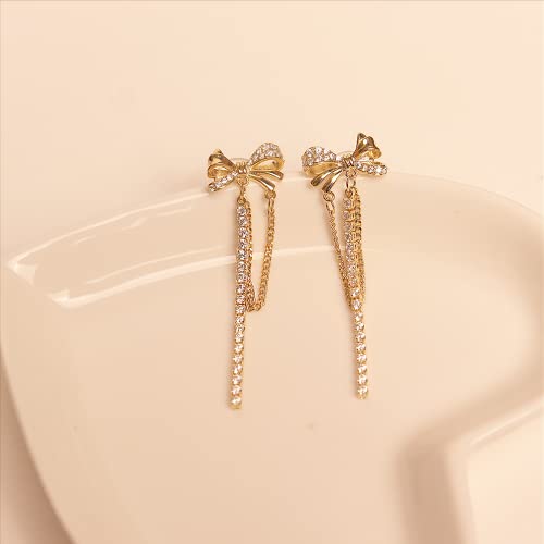 Sonateomber Gold Bow Stud Chain Drop Dangle Earrings For Women Girl - Fashion Cubic Zirconia Rhinestone Crystal Butterfly Earrings Illusion Double Piercing Jewerly Valentines Gift #TOP5