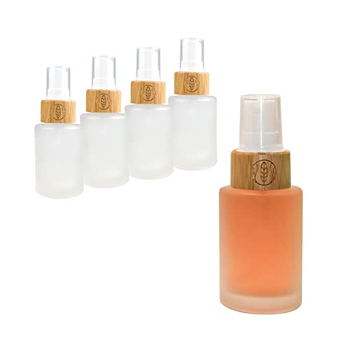 Wachsmann Flacons en Verre de Haute qualité avec Couvercle en Bambou - pour cosmétiques naturels durables - Distributeur d'huile et de Lotion, 30 ML - Tête de pulvérisation - Gravé - 5 pcs.