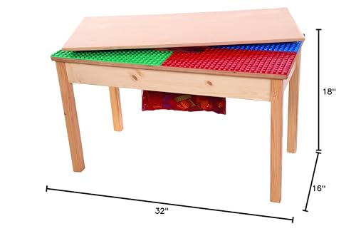 Fun Builder® #1 Rated American-Made 4 Color Lego® Compatible Solid Wood Table with Built-in Storage(Patent)-NO Tools-Only 5 Minute Assembly(Patent)-Built to Last Generations! 32"x16"-Ages 5 & UP