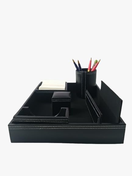 Image of LUVYANSH Genuine Leather Multipurpose Desk Organizer 6-in-1 Desktop Pen Stand With Business Card Holder Mobile Holder & Remote Stand for Office Desk Table Storage Organizer Box(BLACK) Colour