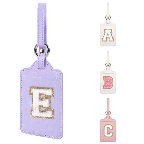 Personalized Initial Luggage Tags for Suitcases, Leather Chenille Letter Cute Luggage Tags with Privacy Name Card, Embroidered Travel Bag Backpack Tag Gifts for Women Kids Girls Teens(Purple-E)