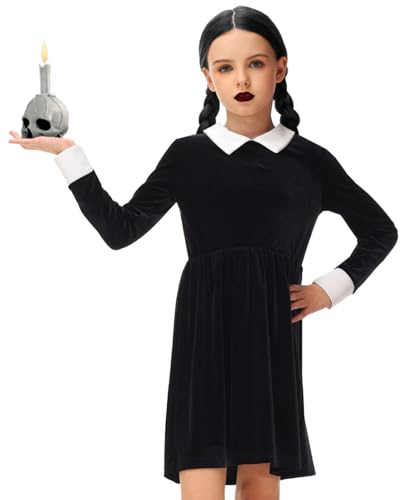 AOBUTE Girls Halloween Black Dress Long Sleeve Peter Pan Collar Twirly Dress2
