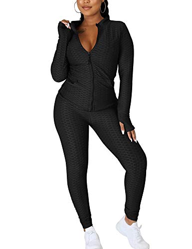 Cailami Women's Long Sleeve Top GYM Legging Pants Set 2 Piece Tracksuit Workout Outfits, Small, Black