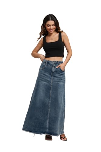 CHARTOU Women Vintage Denim Maxi Skirt Frayed Raw Hem High Waist A-Line Long Jean Skirt3