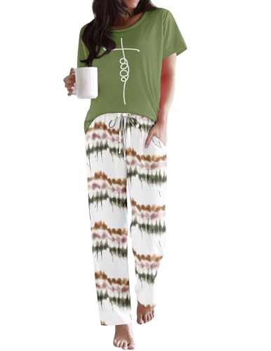 Image of Ekouaer Pajama Sets for Women Round Neck Pjs Short Sleeve Sleepwear with Long Pants Loose Lounge Sets
