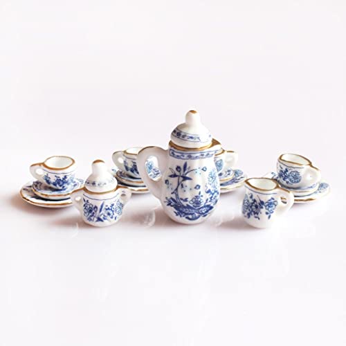 misppro Doll House Miniature Tableware Porcelain Ceramic Coffee Tea Set for 1:12 Scale Blue Flower - Thumbnail 3