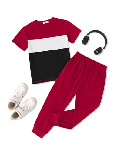 Image of Arshiner Boy's Pants Set - 2 Piece ColorBlock Short Sleeve T-Shirt and Active Pants - Casual Clothing Outfits 5-12 Years