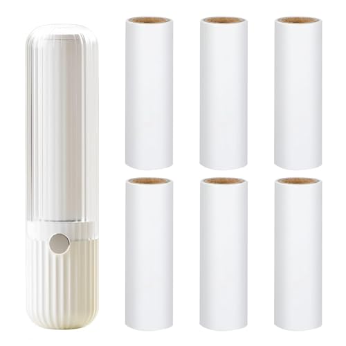 Fusselrolle für unterwegs Wiederverwendbar Fusselrollen Inklusive 6 Mini Nachfüllpacks 1 Abroller Tierhaarentferner Flusenentferner für Kleidung Sofa Tierhaare Perlweiß
