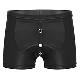 inlzdz Herren Ledershorts Latex Boxershorts mit Reißverschluss Lederhose Wetlook Leder Kurze Hose Bermudashorts Fitness Shorts Schwarz E L