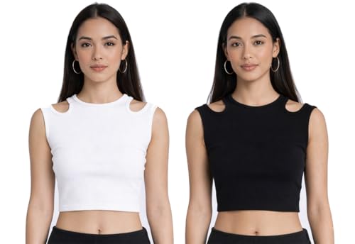 Image of Women's & Girl's Plain Black & White Tank Tops Crop Top (Set of 2)