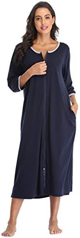 Kasual Womens Zipper Front Robes 3/4 Sleeve Housecoat Long Nightgowns Loose Loungewear with Pockets, Navy Blue Plus Size