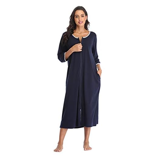 Kasual Womens Zipper Front Robes 3/4 Sleeve Housecoat Long Nightgowns Loose Loungewear with Pockets, Navy Blue S