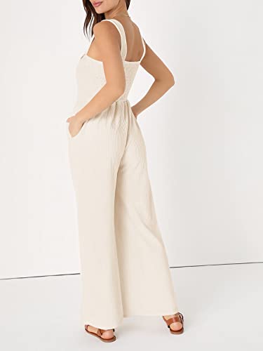 Womens Casual Cute High Waist Wide Leg Sleeveless Jumpsuit Smocked Square Neck Loose Fit Romper Outfits With Pockets #TOP4