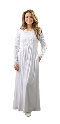 White Elegance Womens Modest White Full Length Long Sleeve Special Occasion Dress with Lace Bodice and Empire Waist - Regular XS