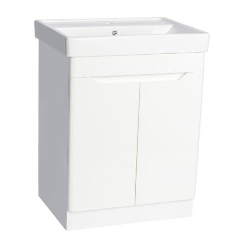 Image of VR 100% Waterproof 600mm Floor Standing Bathroom Unit & Basin 1 Tap Hole With Modern Handleless Doors & Soft Close Hinges 3 Available Finishes (Gloss White)
