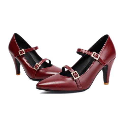 Women's Retro Leather Pointed Toe Stiletto Mary Jane Pumps Comfortable Anti-Slip Kitten Heels Pump Shoes with Double Buckle Rhinestones Strap for Party Prom Work Business Dress Shoes