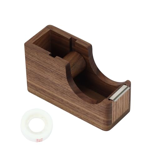 Buqoo Walnut Wood Tape Dispenser with Built-in Pen Holder – All-in-One Desk Organizer for Office/Home School