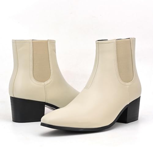 Image of Men'S Classic Leather Chunky Heel Chelsea Boots With Side Zipper Fashion Pointed Toe Elastic Band High Top Block High Heel Formal Chukka Booties For Casual Business Party Wedding