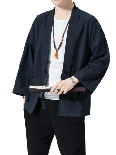 Image of Men's Japanese Kimono Cardigan Loose Cotton Linen 3 /4 Sleeve Open Front Casual Summer Shirt Jackets