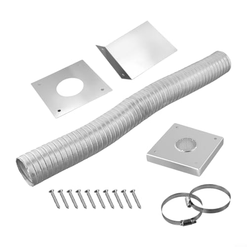 Pellet Stove Fresh Air Intake Kit, 2" Aluminum Flex-Pipe, 304 Stainless Steel Wall Panels, Pipe Clamps, Square Exterior Plate, Moisture Barrier Plate For Outside Cold Air Venting